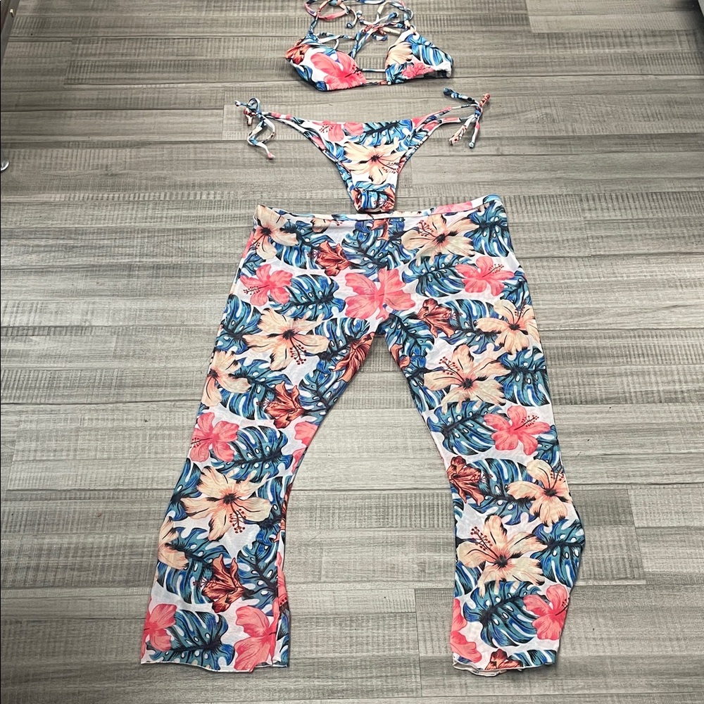 Floral Print Bikini Set with Cover-Up Pants